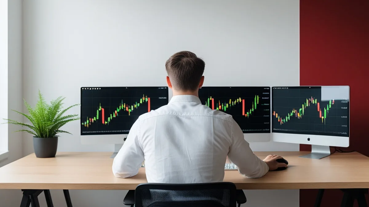 A man in front of two monitors showing candlestick charts