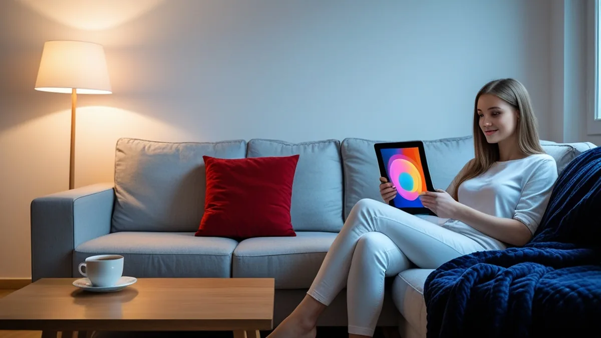 A woman on a sofa with a tablet in her hands, evening lamplight