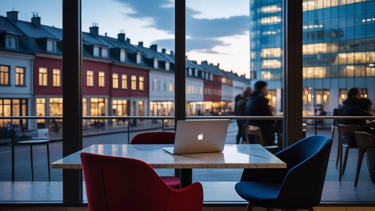 An open laptop on a café table in a Polish city at dusk