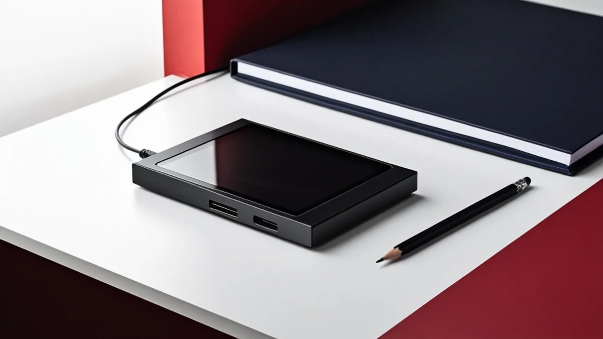 A small hardware wallet device on a white table beside a notebook