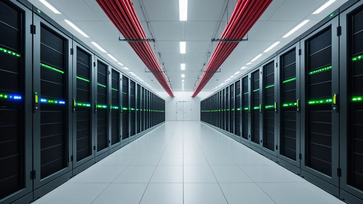 A corridor in a bright server room with two rows of racks and indicator lights