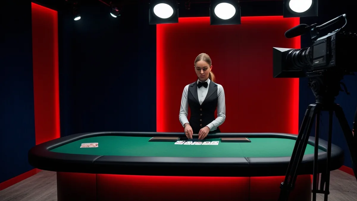 Krupierka przy stole karcianym w studiu transmisyjnym