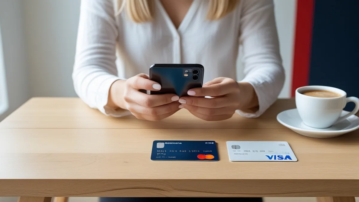 Hands holding a phone with a payment app open, above a wooden table