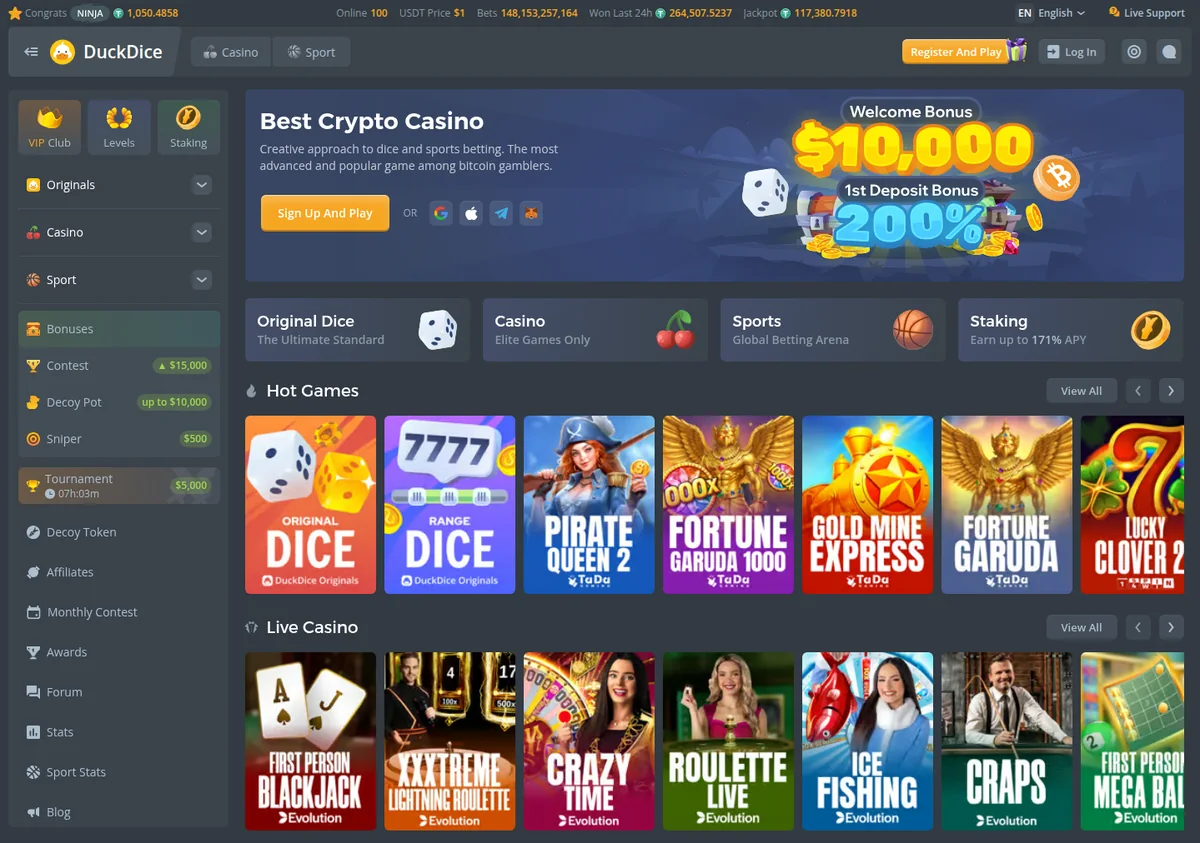The DuckDice home page opened from the server on 25 September 2026
